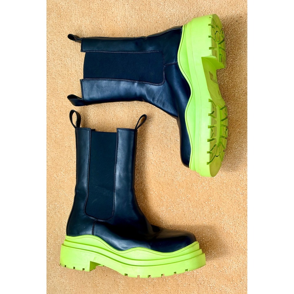Azalea Wang Black Leather Neon Green Platform Chic Chelsea Boots Women's Size 10